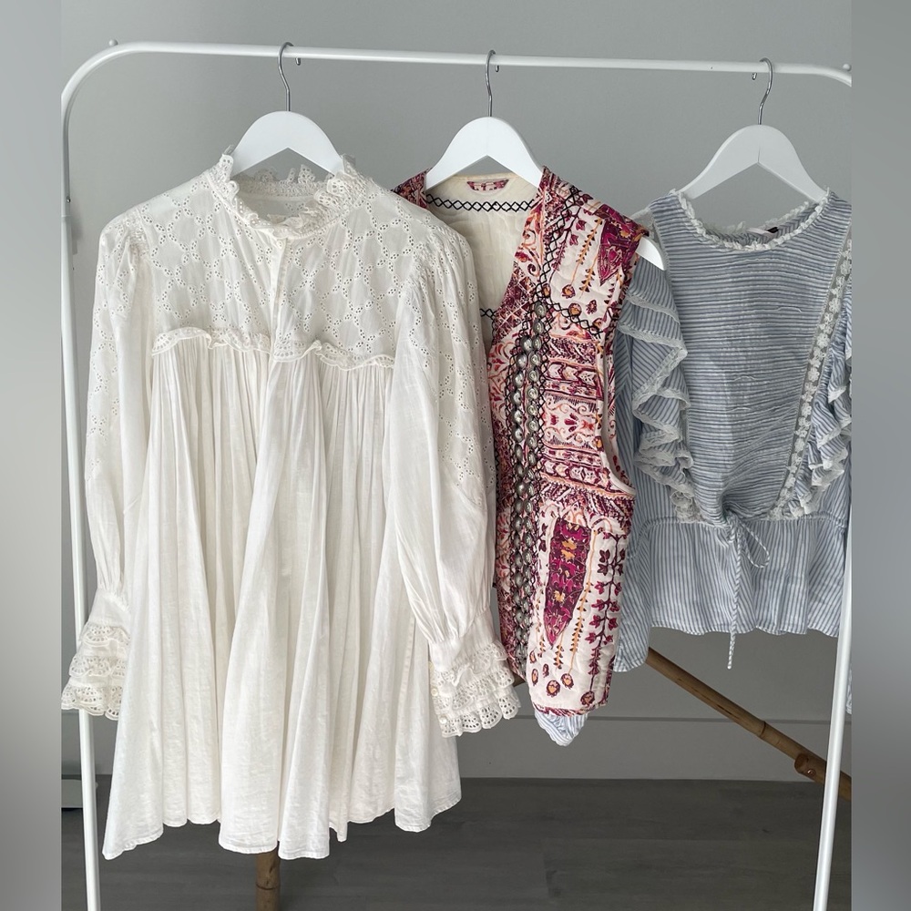Free People Boho White Dress, Blouse and Vest Bundle.